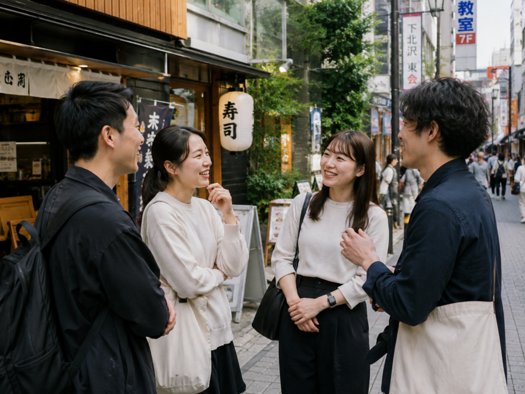 pár japán férfi és nő társalog